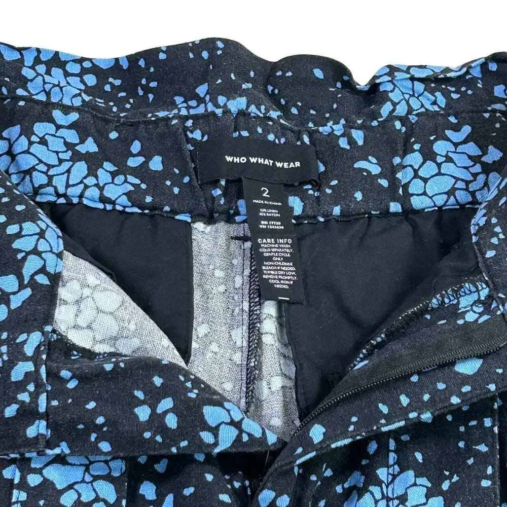 Who What Wear Paper Bag Shorts Size 2 Black Blue Coastal Linen Rayon Belted